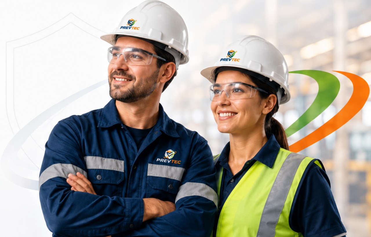Equipe de seguran&ccedil;a do trabalho utilizando capacete, &oacute;culos de prote&ccedil;&atilde;o e uniforme PREVTEC.